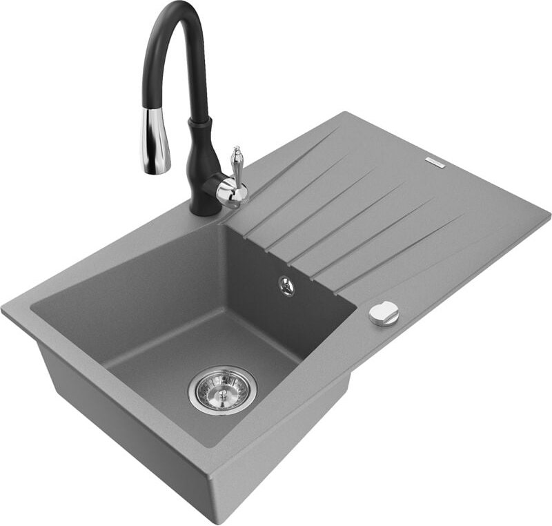 Cesar 1 Becken-Granitspüle mit Abtropffläche und Mischbatterie Savita, Grau - 6514-71-672601-7 - Mexen