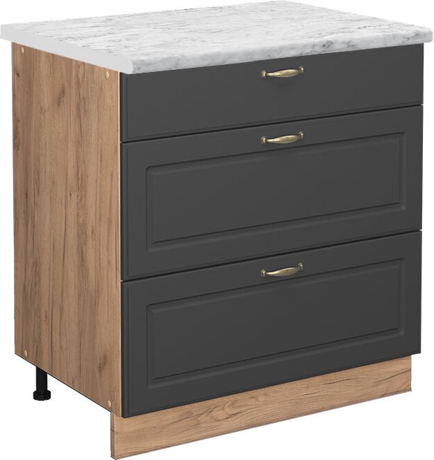 Vicco - Küchenunterschrank Fame-Line, Anthrazit-Gold, 80 cm mit 3 Schubladen, ap Marmor