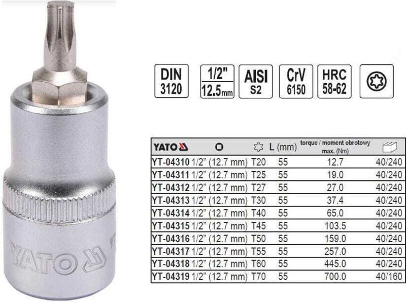 Thumbnail - Torx-schlüssel 1/2'''' T45 L55MM / YT-04315 / Yato