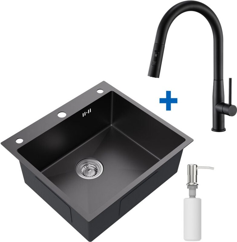 54 x 49 cm Edelstahl Küchenspüle + Hochdruck Ausziehbare Küchenarmatur, Spülbecken für ab 60 cm Küchenschrank, Schwarz