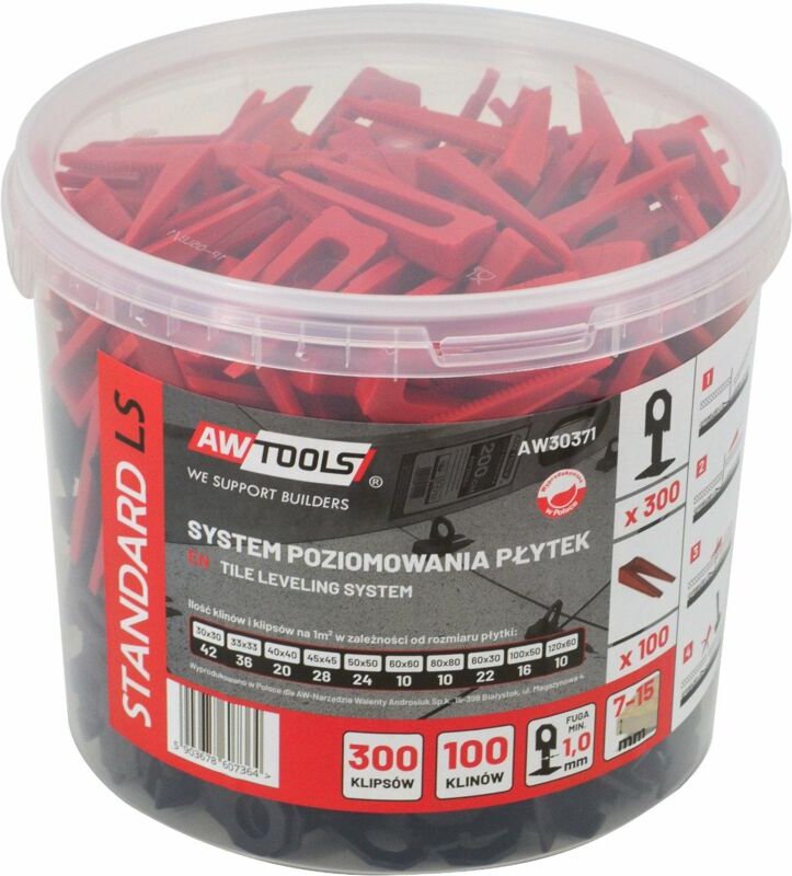 Awtools system poziomowania płytek standard 1,0mm - 7-15mm - klips 300szt. + klin 100szt.