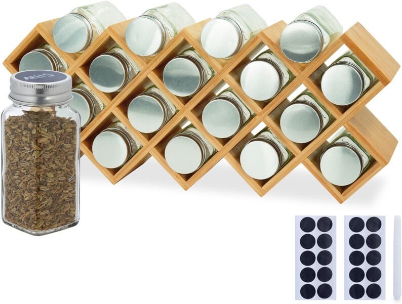 Relaxdays Gewürzregal Bambus, HBT: 18 x 43 x 9,5 cm, Gläser, Etiketten, Stift, Gewürzständer Arbeitsplatte, Küche, natur