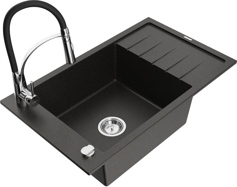 Elias Granitspüle mit 1 Becken, Abtropffl√§che und Küchenarmatur Aster, Schwarz/Gold Metallic - 6511-75-73450-70 - Mexen