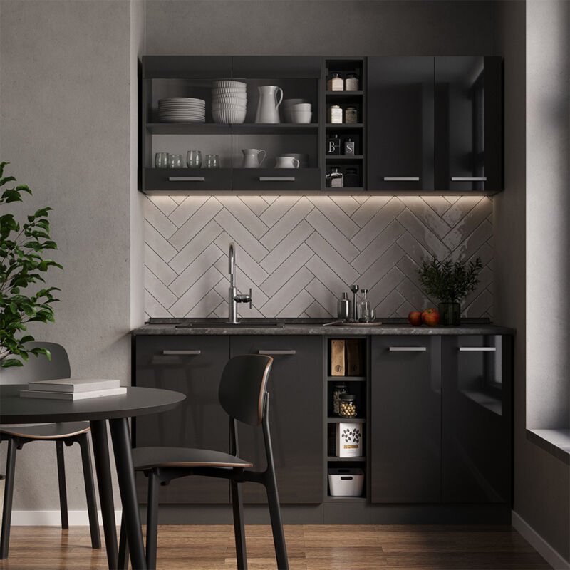 Thumbnail - Vicco - Singleküche R-Line, Anthrazit Hochglanz/Anthrazit, 160 cm ohne Arbeitsplatte