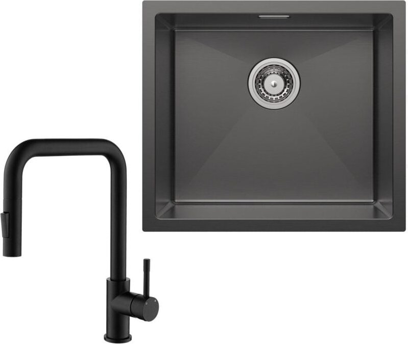 Unterbauspüle mit 1 Becken 50×44CM Edelstahlspüle Anthrazitschwarz + Küchenarmatur mit 2 Strahlarten Schwarz ausziehbare...