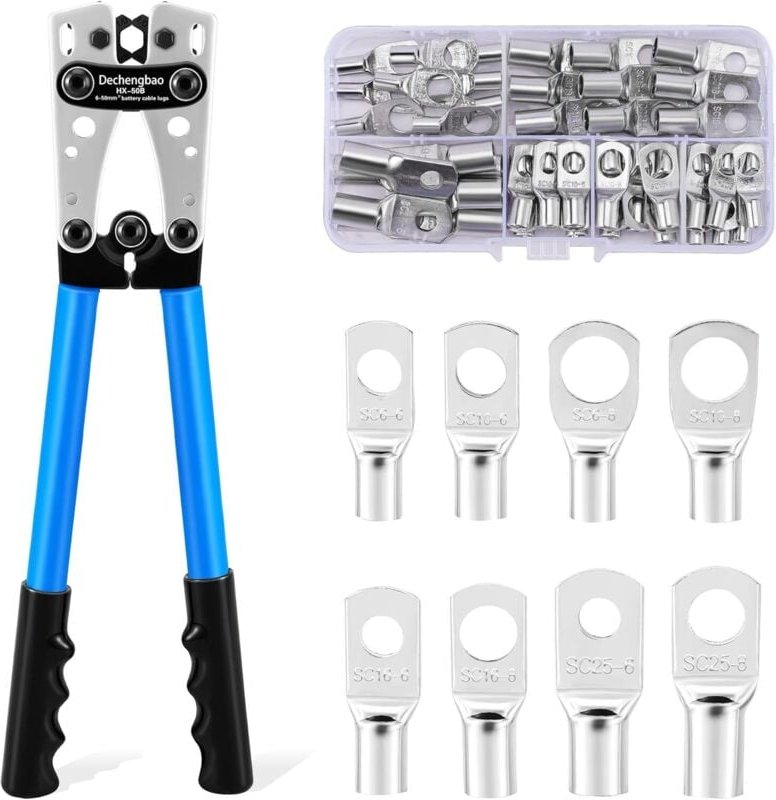 Batteriekabel-Crimpzange, 6–50 mm² (10–1 AWG), mit 60 Kupferkabelschuhen, 8 Größen, robustes Crimpwerkzeug für Batteriek...