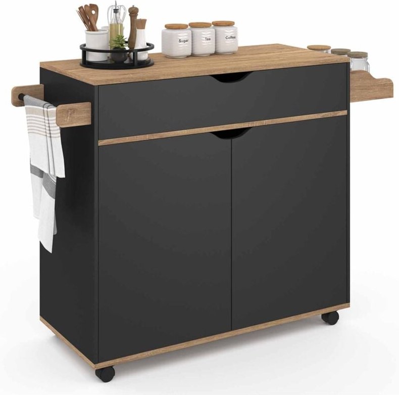 Küchenwagen COSY XXL Schrank mit schwarzer Schublade und Buchenholzplatten B.90 CM