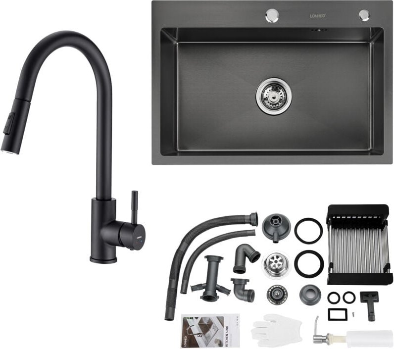 Edelstahl Küchenspüle 68 x 45 cm Einbauspüle für ab 80cm Unterschrank + Hochdruck Schwarz Küchenarmatur - Lonheo
