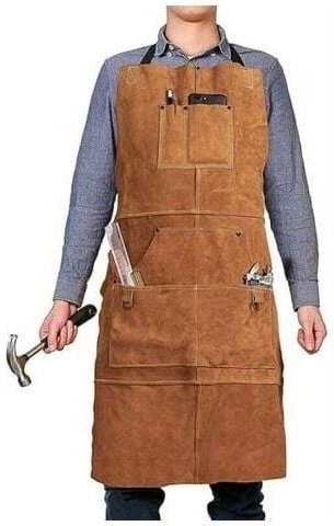 Thumbnail - Tischlerschürze aus Leder, Arbeitsschürze mit 6 Werkzeugtaschen, Schweißerschürze für Männer und Frauen, hitzebeständige...