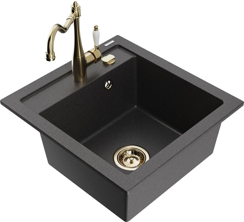 Vito 1-Becken-Granit-Spüle mit Mischbatterie Carla, Schwarz gesprenkelt - 6503-76-670700-50 - Mexen