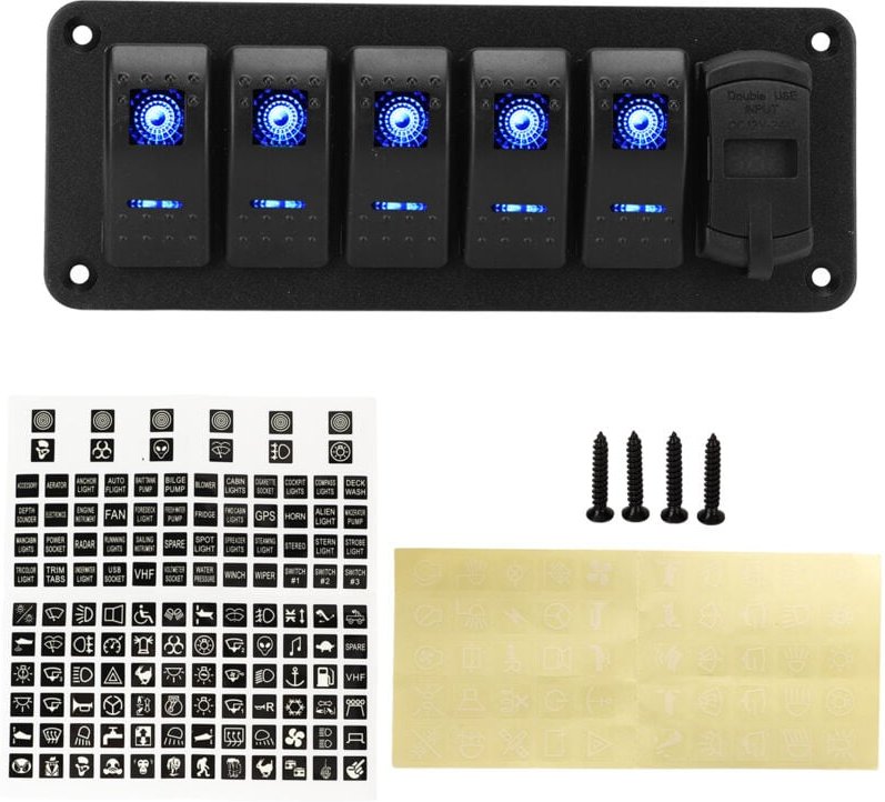 5-Gang-Wippschalterfeld, 12 V-24 v, Dual-USB-Ladegerät, LED-Spannungsanzeige, EIN-/Aus-Schalter für lkw, Wohnmobil, Yach...