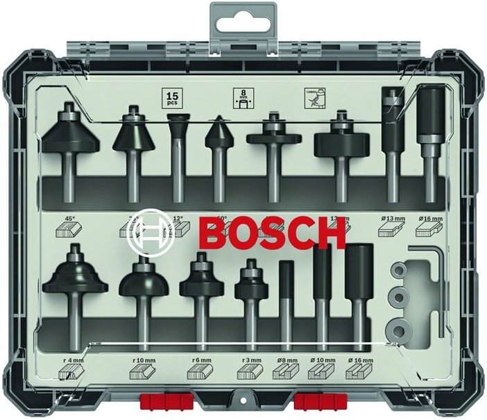 Fräser-Set 15-teilig Schaft 8mm 2607017472 für Oberfräse - Bosch