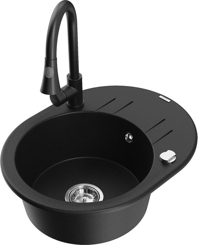 Kevin 1 Becken-Granitspüle mit Abtropffläche und Mischbatterie Elia, Schwarz - 6517-77-670101- - Mexen