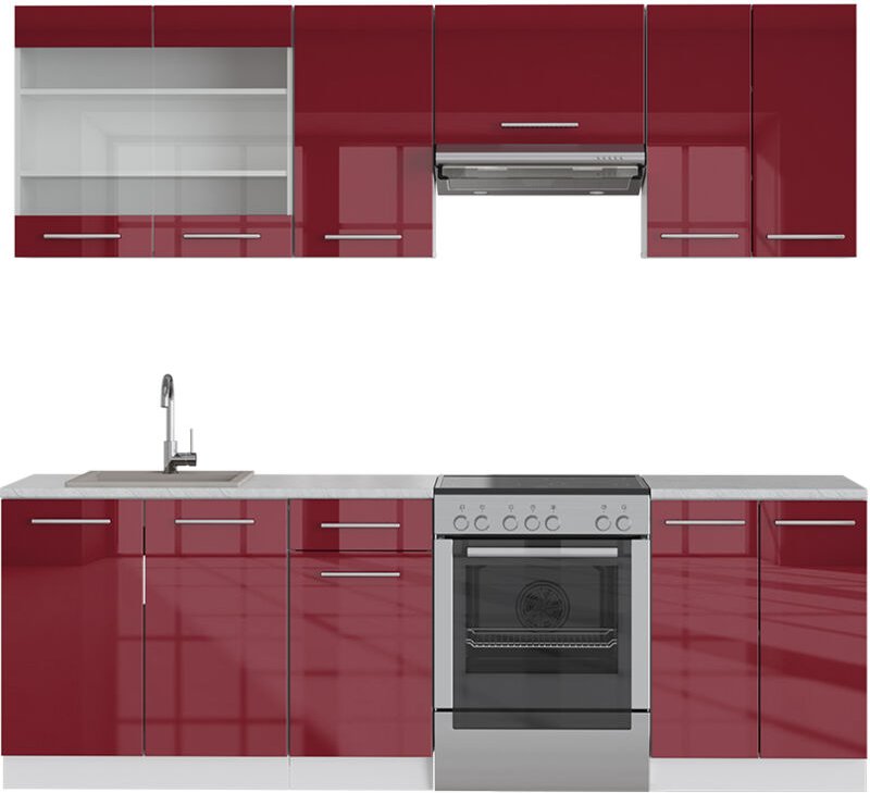 Vicco - Küchenschränke Fame-Line, Bordeaux Hochglanz/Weiß, 240 cm , ap Marmor