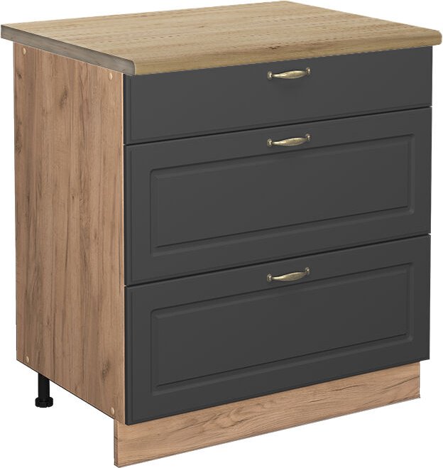 Vicco - Küchenunterschrank Fame-Line, Anthrazit-Gold, 80 cm mit 3 Schubladen, ap Eiche