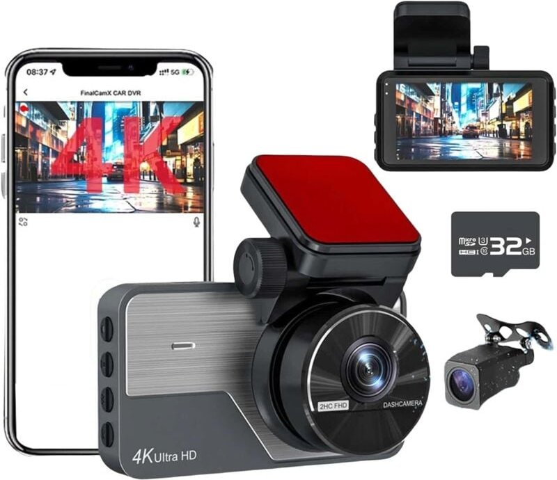 4K + 2K Full HD Dashcam, vorne und hinten, Weitwinkel, Nachtsicht, 24/7-Parkmodus, integriertes WLAN, 3-Zoll-Bildschirm,...