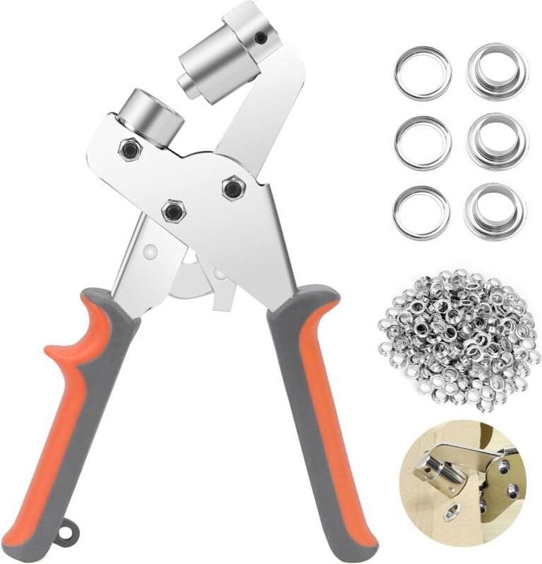 Ösenzange mit 100 Stück (Innen-Ø 10 mm) Metallösen, Profi Ösenstanzer Set für Leder Stoff Plane PVC Vorhang