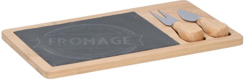 Käseservierset - Käsebrett + Messer und Gabel 28,5 x 17 cm aus Bambus und Schiefer - Alpina
