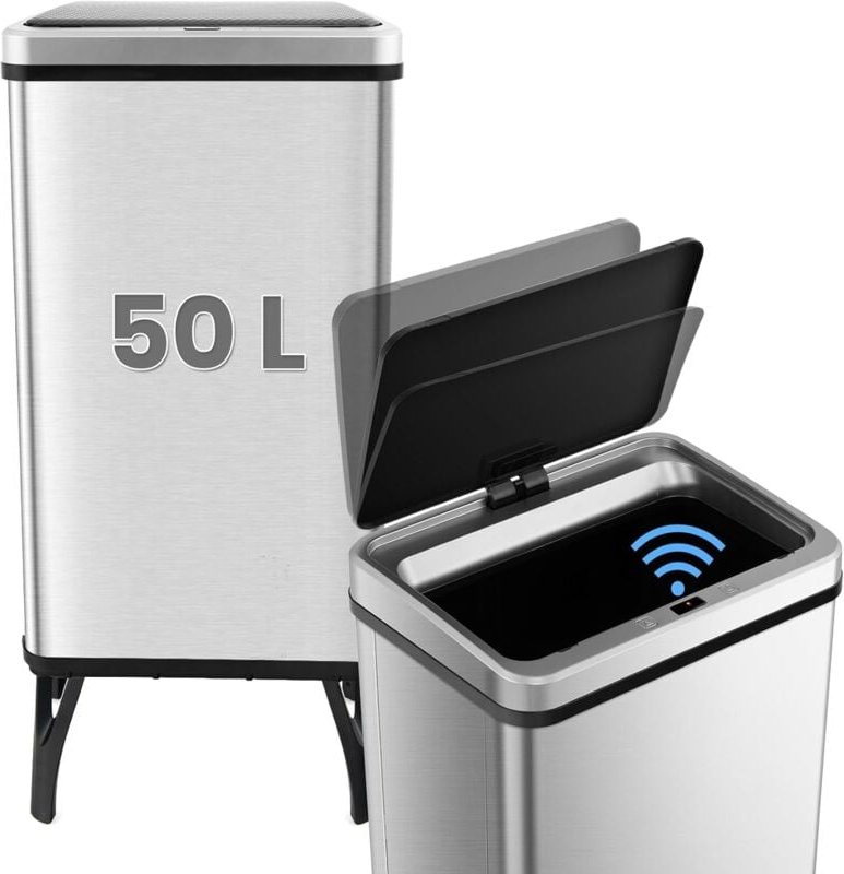 Costway - Poubelle Cuisine Automatique 50L en Acier Inox avec Cerclage, Poubelle Sur Pieds Détachables, Capteur Fermetur...