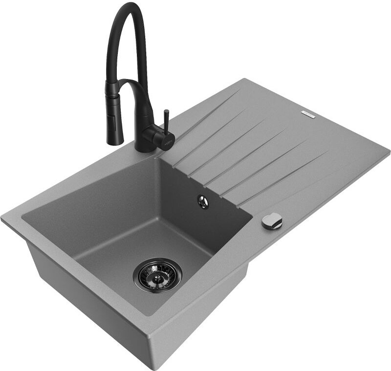 Cesar 1 Becken-Granitspüle mit Abtropffl√§che und Mischbatterie Aster, Grau - 6514-71-73450-70-B - Mexen