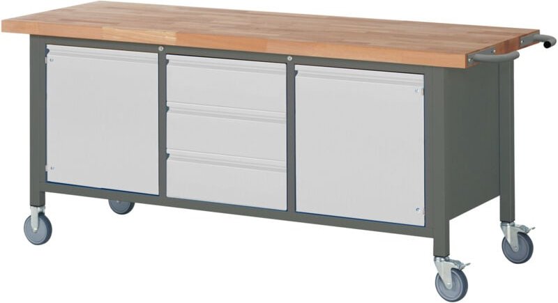 Fahrbare Werkbank Premium mit 3 Schubladen und 2 Flügeltüren BxTxH 2000x700x880mm - Stier