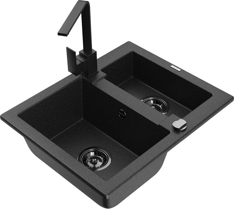 Carlos 1,5-Becken-Granitspüle mit Mischbatterie Rita, Schwarz/Silbermetallic - 6518-73-670300-70-B - Mexen