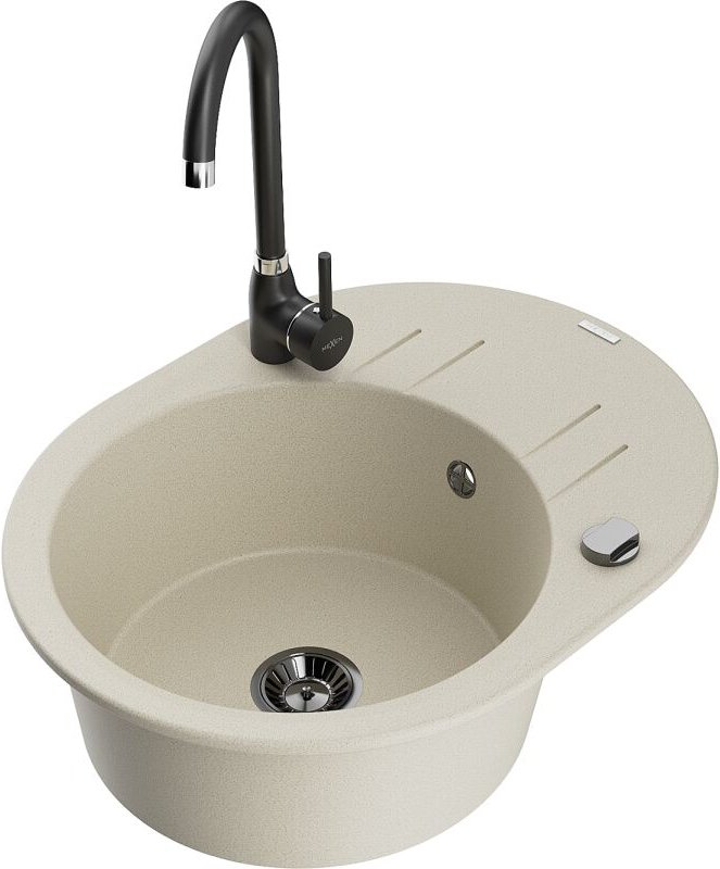 Kevin 1 Becken-Granitspüle mit Abtropffl√§che und Mischbatterie Telma, Beige - 6517-69-670200-70 - Mexen