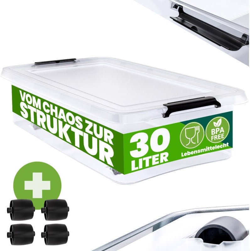 Aufbewahrungsbox transparent Stapelbox Ordnungsbox 30L 60L Deckel aufklappbar stapelbar Rollen bpa frei lebensmittelecht...