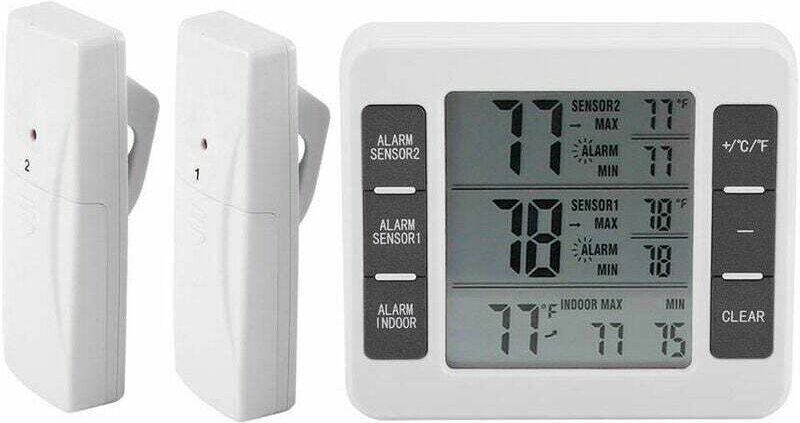 XVX - Digitales Kühlschrank- und Gefrierschrank-Thermometer mit akustischem Alarm und kabellosem Sensor, Min/Max-Anzeige...