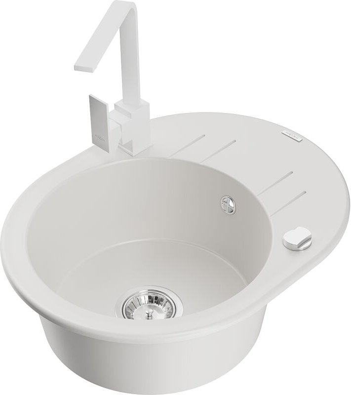 Kevin 1 Becken-Granitspüle mit Abtropffl√§che und Mischbatterie Rita, Wei√ü - 6517-20-670300-20 - Mexen