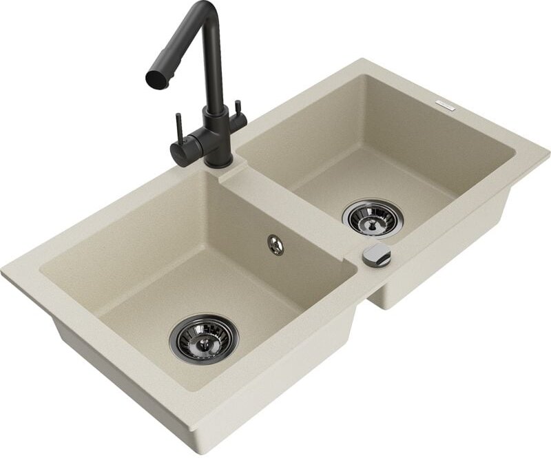 Mario 2-Becken-Granitspüle mit Mischbatterie Duero, Beige - 6504-69-671600-70 - Mexen