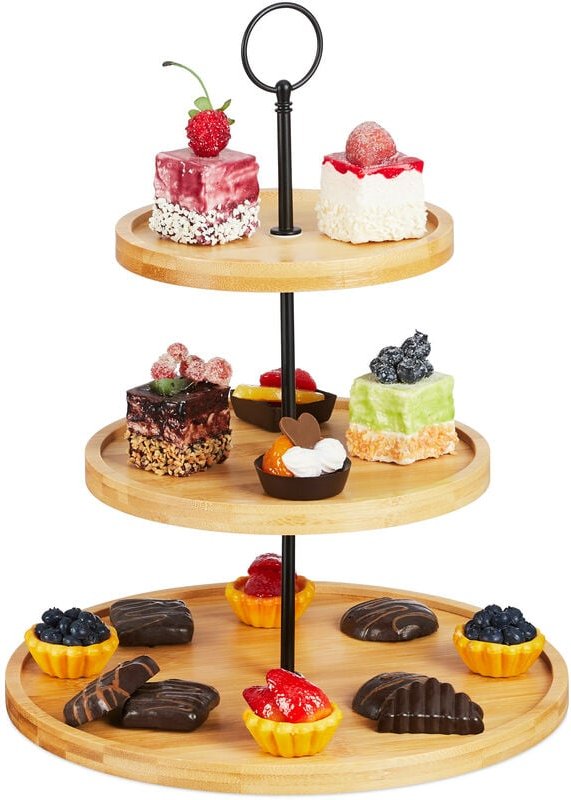 Relaxdays - Etagere, 3 Etagen, Bambus, Kuchen, Snacks, Obst, Metallgriff, Servierständer, HxD: 36 x 28 cm, natur/schwarz