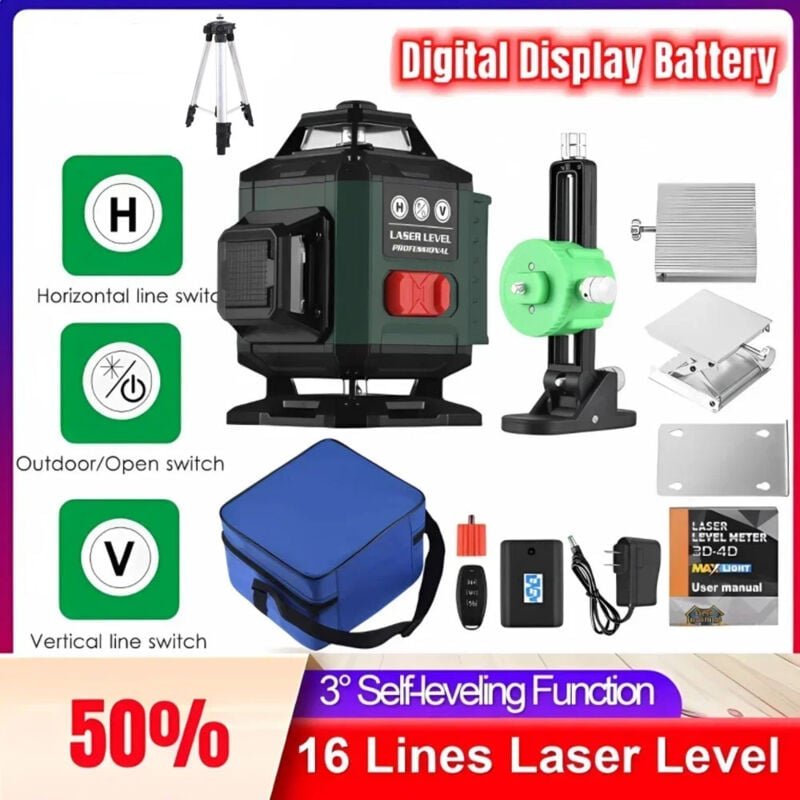 Ej.life - 4 x 360° 4D 16 Linien Laser-Wasserwaage Selbstausgleichender grüner Rotationslaser Vertikal Horizontal Selbstn...