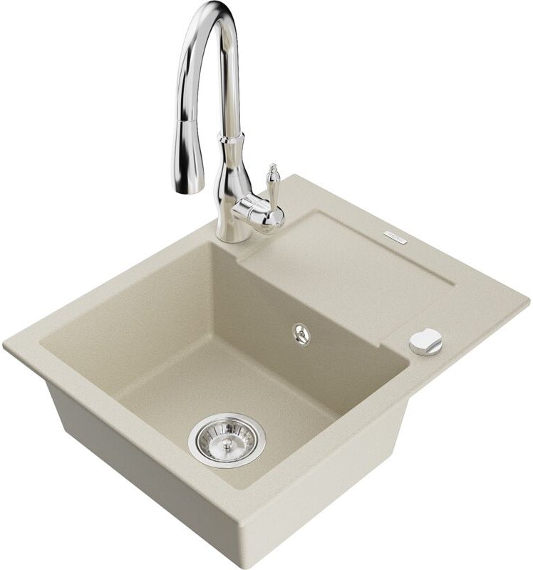 Enzo 1 Becken-Granitspüle mit Abtropffläche und Mischbatterie Savita, Beige - 6506-69-672601-0 - Mexen