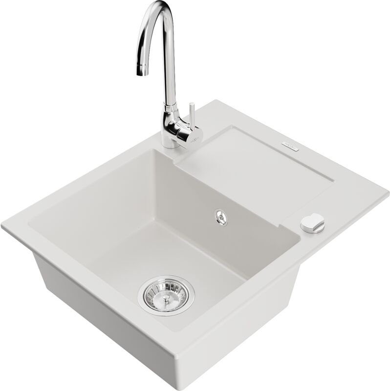 Enzo 1 Becken-Granitspüle mit Abtropffläche und Mischbatterie Telma, Weiß - 6506-20-670200-00 - Mexen