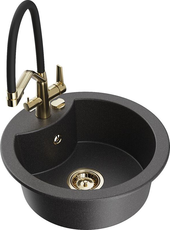 Diego 1-Becken-Granitspüle mit Mischbatterie Duo, Schwarz gesprenkelt - 6512-76-671701-57-G - Mexen