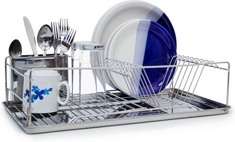 Relaxdays - Abtropfgestell Edelstahl-Optik, HxBxT:33x48x12cm, mit Besteckkorb & Auffangwanne, Geschirrständer, silber