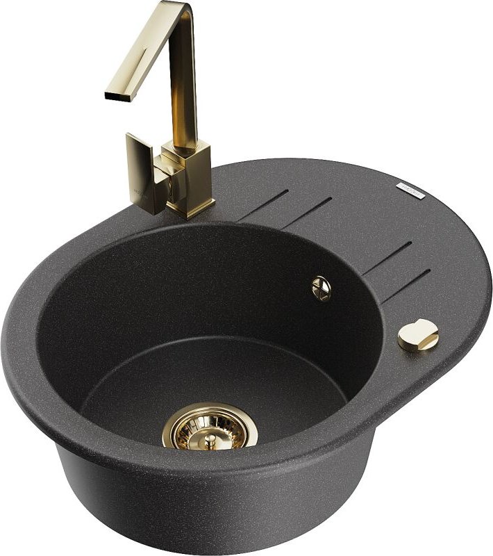 Kevin 1 Becken-Granitspüle mit Abtropffl√§che und Mischbatterie Rita, Schwarz gesprenkelt - 6517-76-670300-50 - Mexen