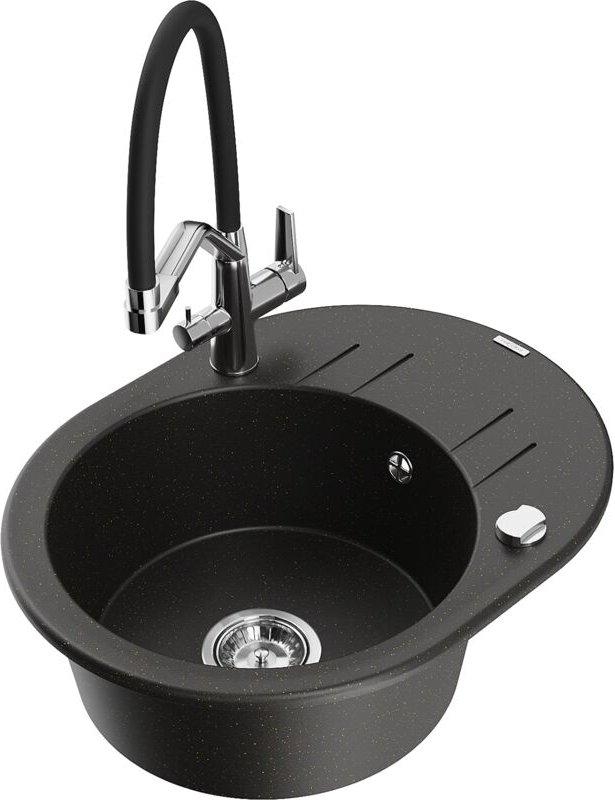 Kevin 1-Becken-Granitspüle mit Mischbatterie Duo, Schwarz/Gold metallisch - 6517-75-671701-07 - Mexen