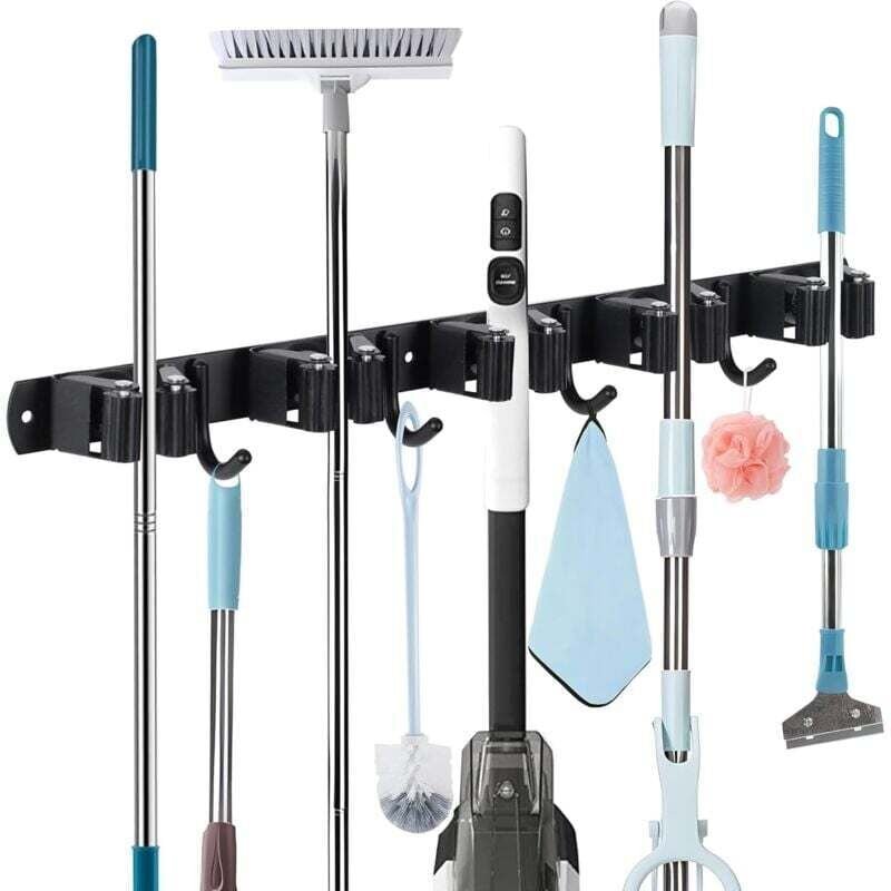 Besenhalterung Wand Gerätehalter Wandhalterung mit 5 Halter und 4 Haken Mopphalter Selbstklebend für Garten Garage Badez...