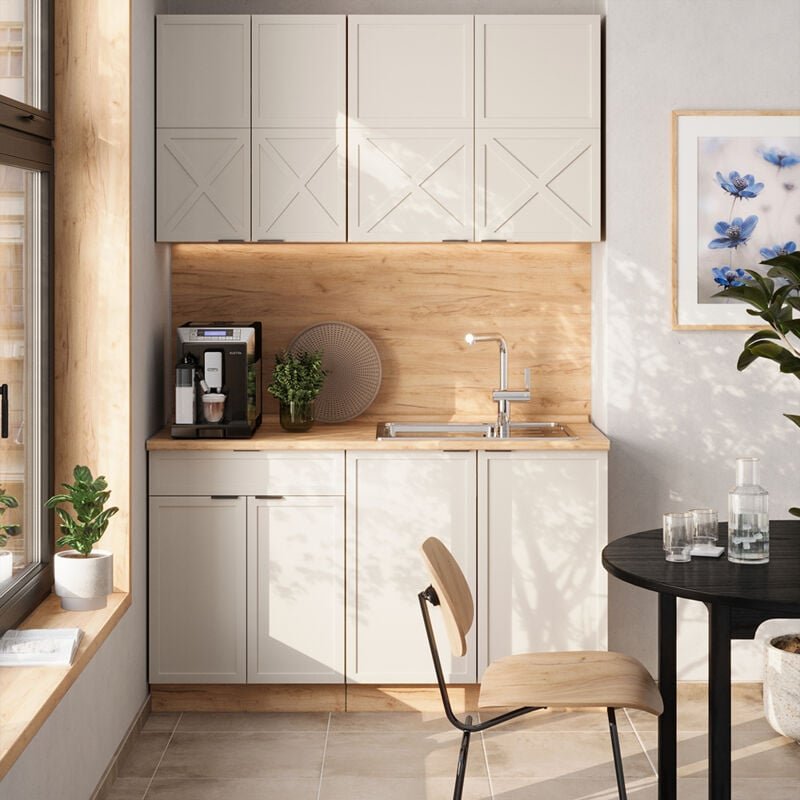 Singleküche Fame-Line, GrauBeige/Goldkraft Eiche, 140 cm , AP Marmor, Vicco