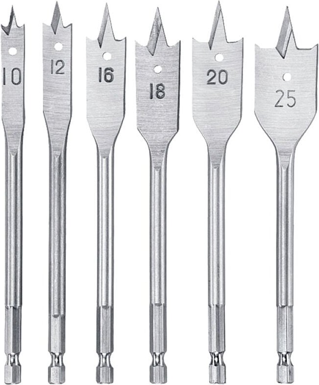 KWB - Flachfräs-Bohrer Set, 6-teiliger Flach-Bohrer Satz für Holz 10 -25 mm, zubehör Schlagbormaschine