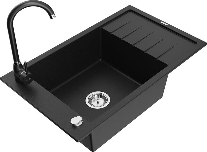 Elias 1 Becken-Granitspüle mit Abtropffläche und Mischbatterie Telma, Schwarz - 6511-77-670200 - Mexen