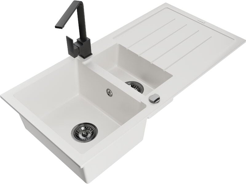 Andres 1,5-Becken-Granitspüle mit Abtropffläche und Mischbatterie Rita, Weiß - 6515-20-670300- - Mexen