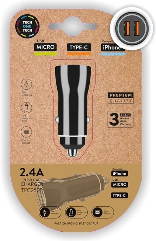 Doppeltes Zigarettenanzünder-Ladegerät Schwarz 2,4A 12W Tech One Tech