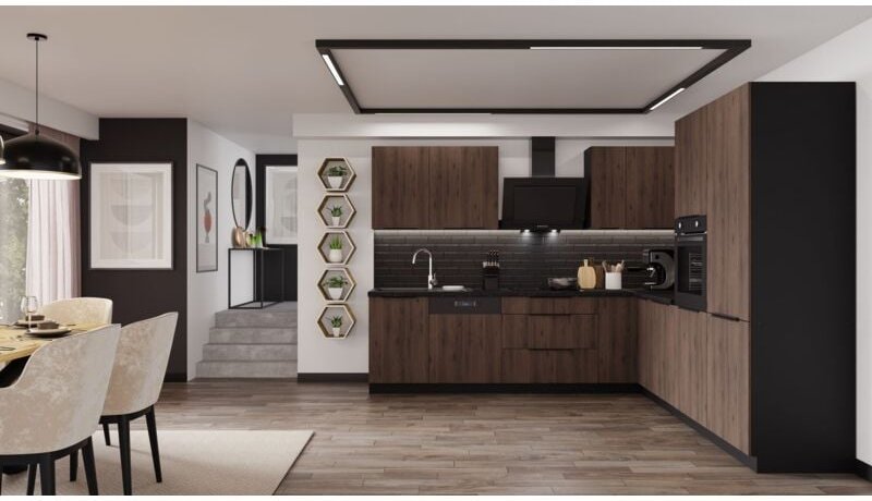 Winkelküche MONZA 280x270 cm Küchenzeile Eckküche Küche Nußbaum Okapi Schwarz