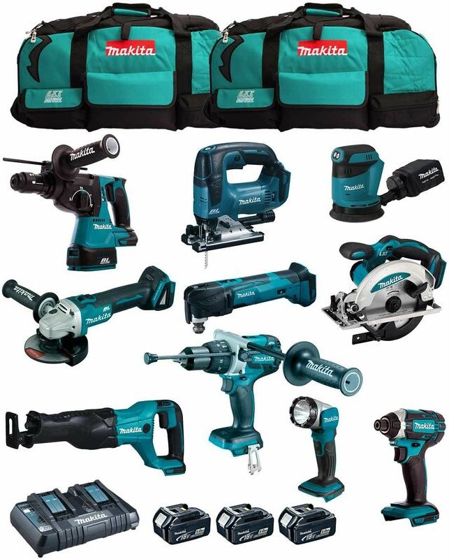 Makita - Kit MK1002 (DHP481+ DHR243+ DGA504+ DTD152+ DJV182+ DSS610+ DJR186+ DBO180+ DTM51+ DML802+ 3x5,0Ah + DC18RD + 2...