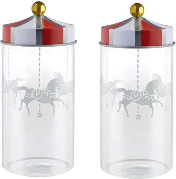 Alessi Gewürzbehälter de Design aus Glas mit Siebdruck mit Deckel aus Weißblech, Set de 2, Glas Eisen, mehrfarbig, Unika...