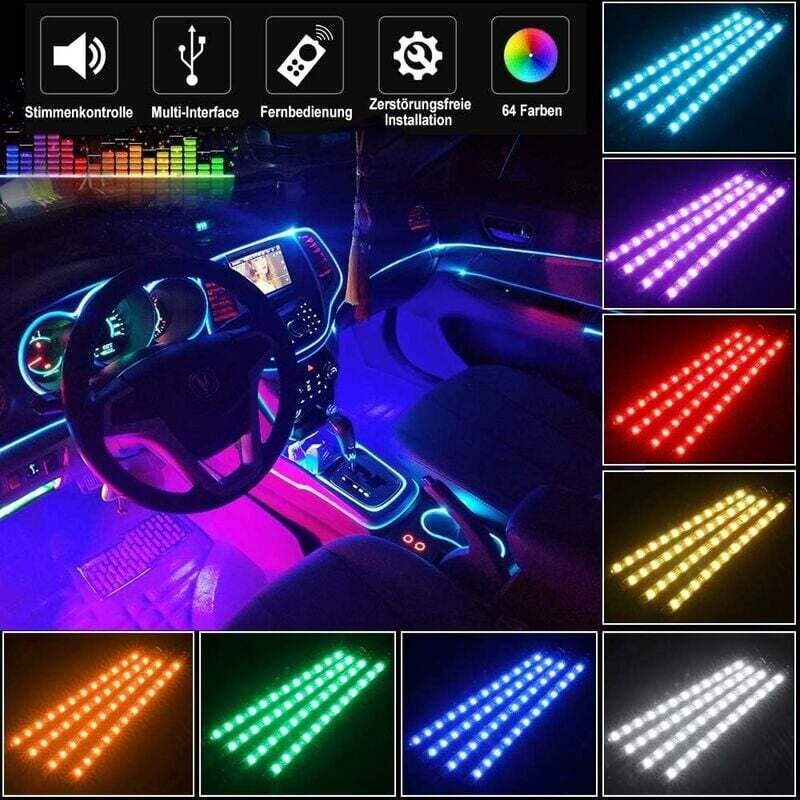 4-teiliges LED-Innenlicht fürs Auto, 72 LEDs, mehrfarbige Innenbeleuchtung fürs Auto mit Sound-Active-Funktion und kabel...