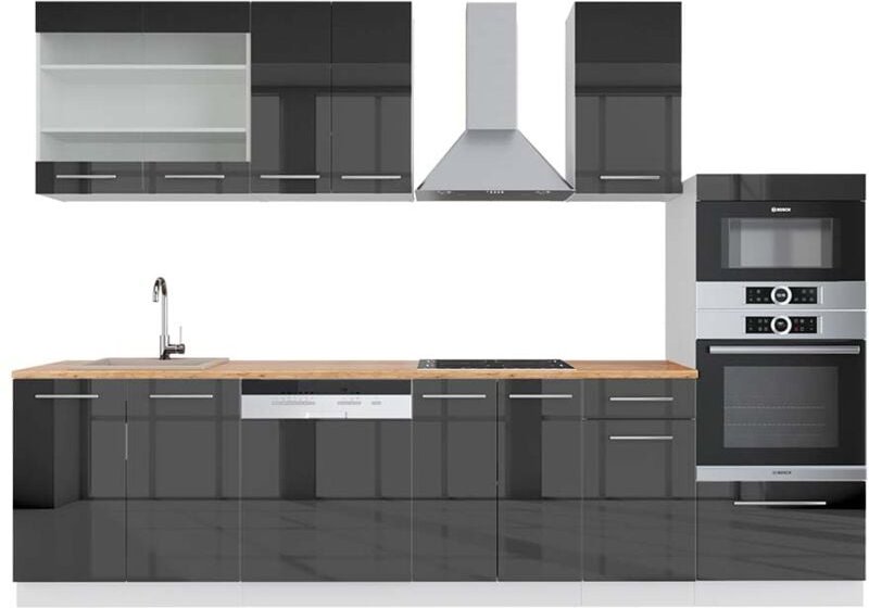 Vicco - Küchenzeile Fame-Line, Anthrazit Hochglanz/Weiß, 300 cm mit Hochschrank, ap Eiche